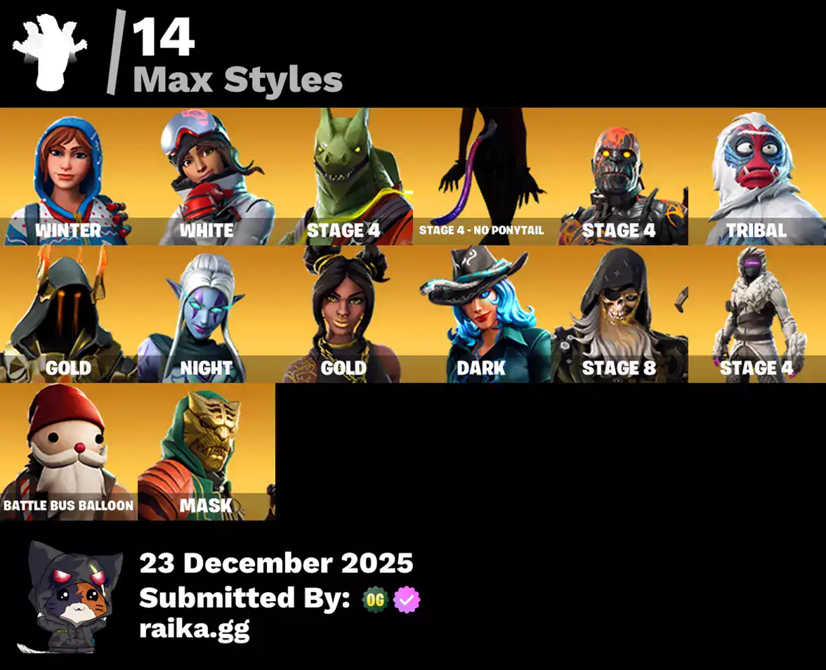 Fortnite account with 14 skins including Winter, White, Stage 4, No Pouty, Tribal, Gold, Night, Dark.