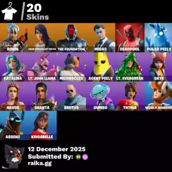 Quality Fortnite account with 20 skins including Ronin, Midas, Deadpool, and Polar Peely.