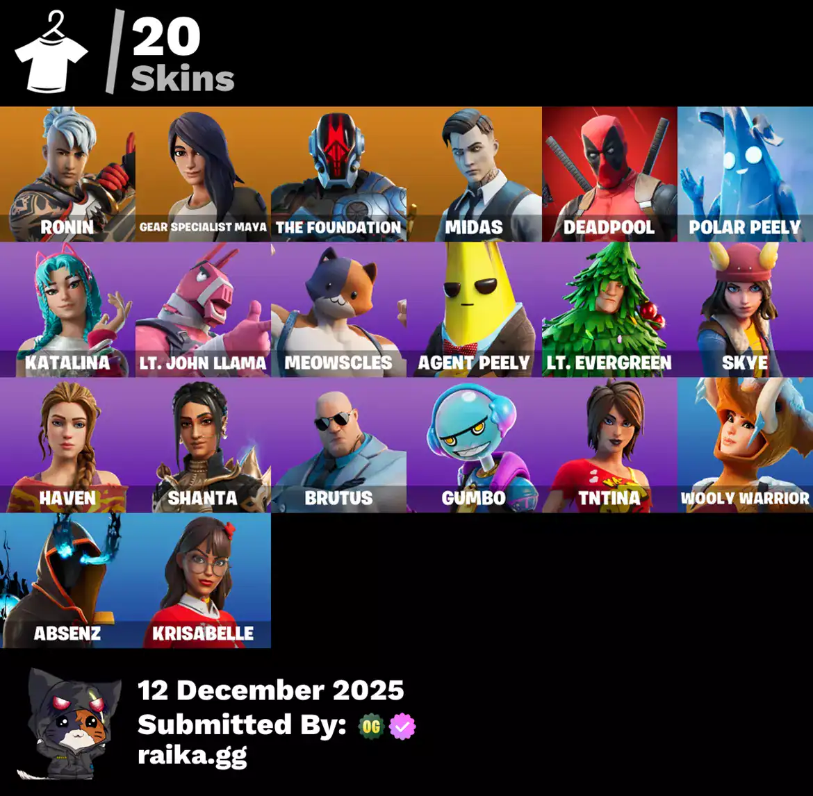 Quality Fortnite account with 20 skins including Ronin, Midas, Deadpool, and Polar Peely.
