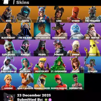 Fortnite skins including Ruin, Zenith, Lynx, Luxe, Hybrid, The Prisoner, Blackheart, Ice King, Slaye.