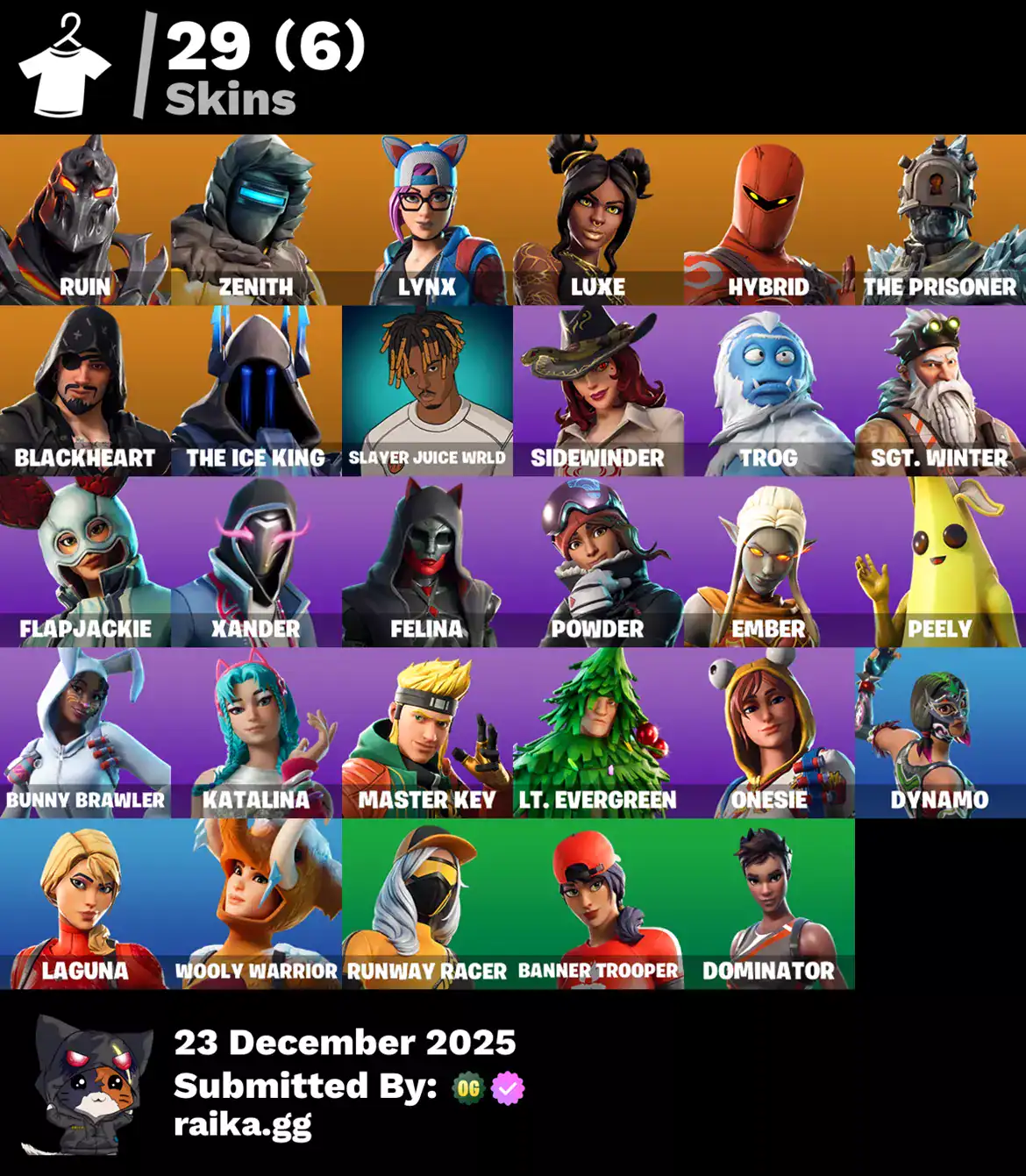 Fortnite skins including Ruin, Zenith, Lynx, Luxe, Hybrid, The Prisoner, Blackheart, Ice King, Slaye.