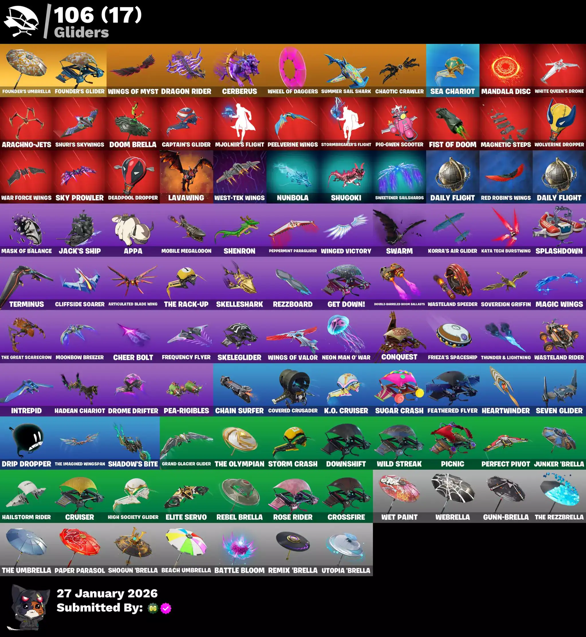 Fortnite skins and gliders, including OG STW, Blue Squire, and Goku.