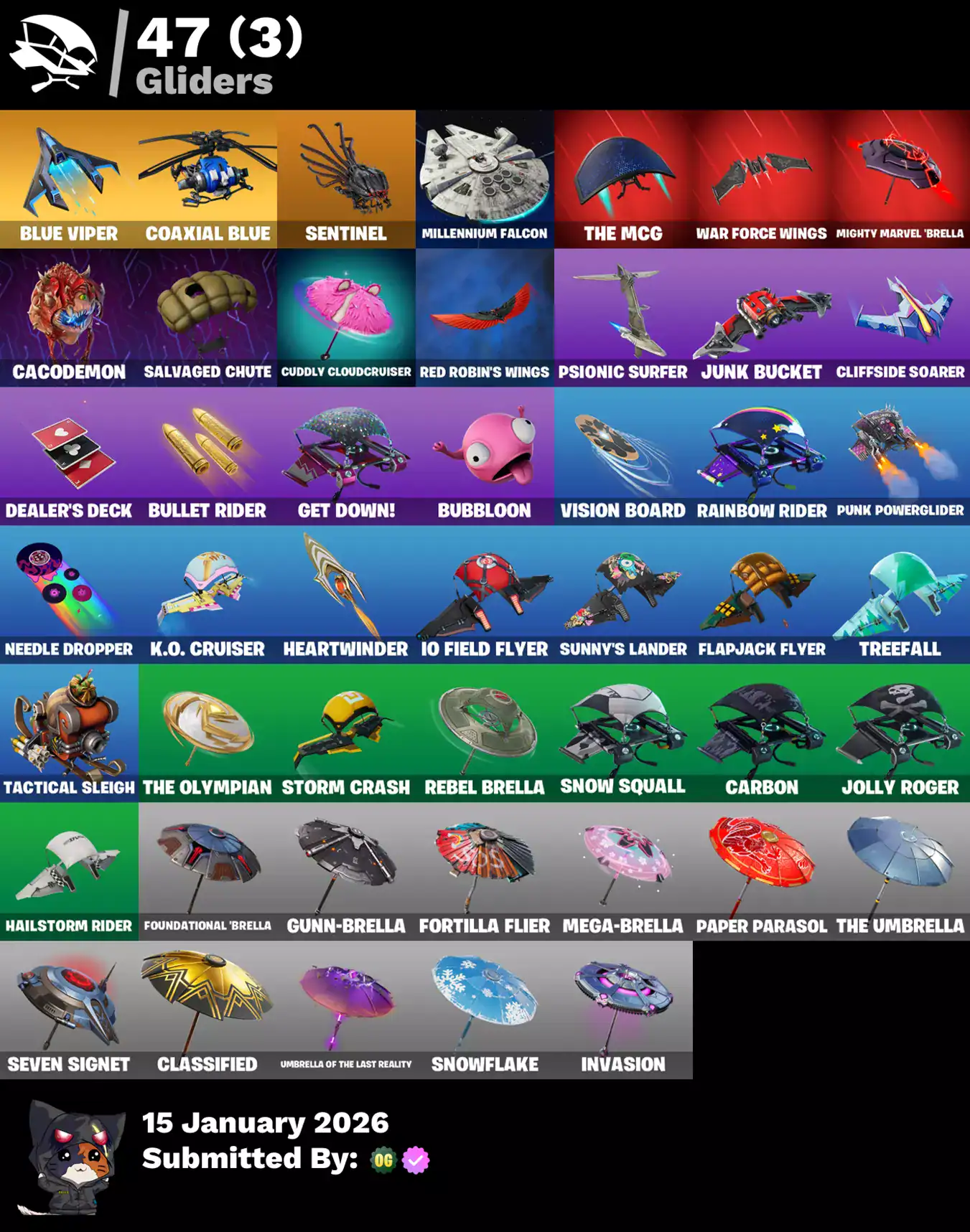 Fortnite account with 47 gliders including Blue Viper, Sentinel, and Carbon Commando.