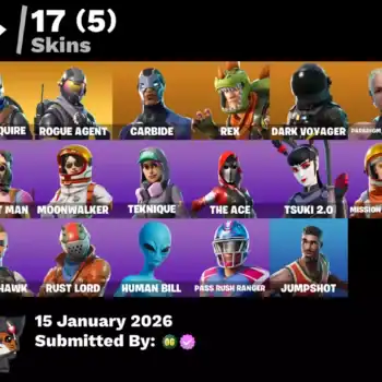 Fortnite account with 17 skins including Blue Squire, Rogue Agent, Carbide, Rex, Dark Voyager, Parad.