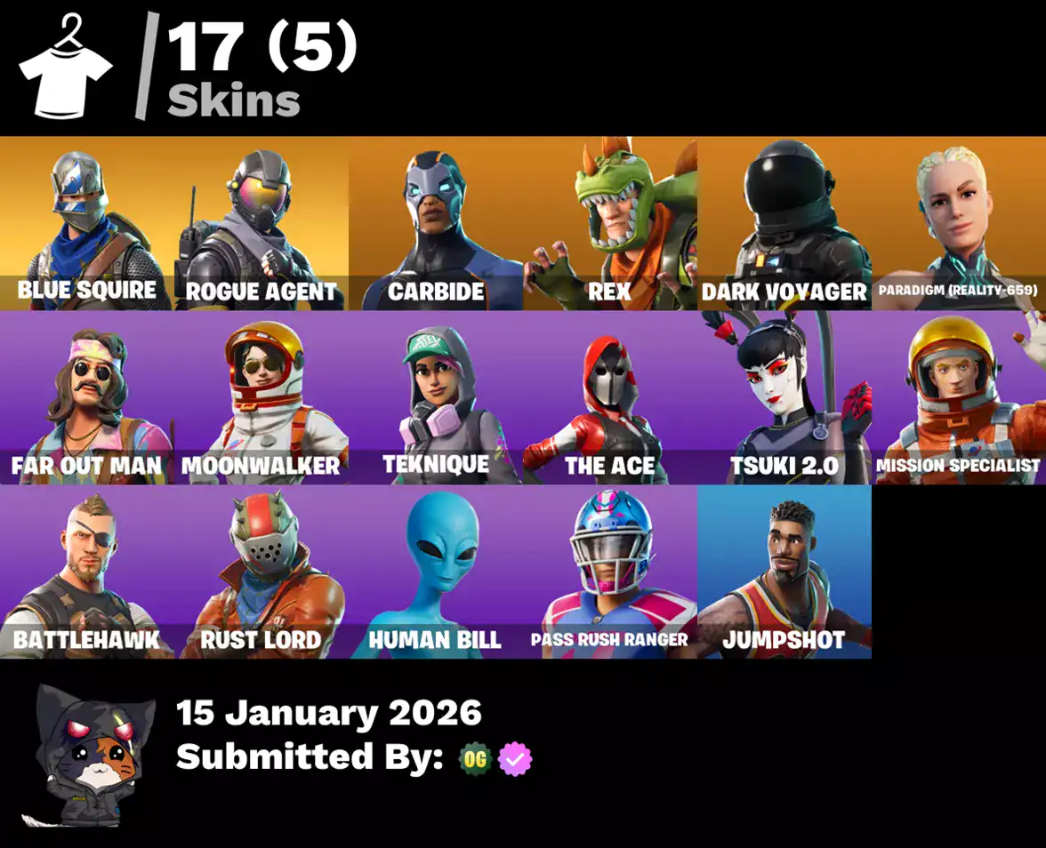 Fortnite account with 17 skins including Blue Squire, Rogue Agent, Carbide, Rex, Dark Voyager, Parad.