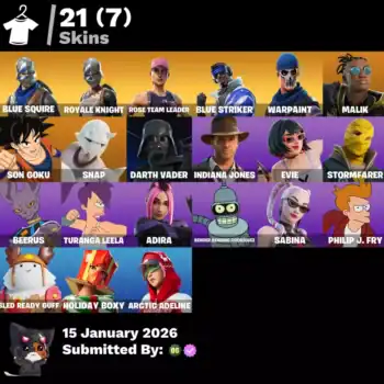 Fortnite account with rare skins including Blue Squire, OG STW, Royale Knight, and others. Perfect f.