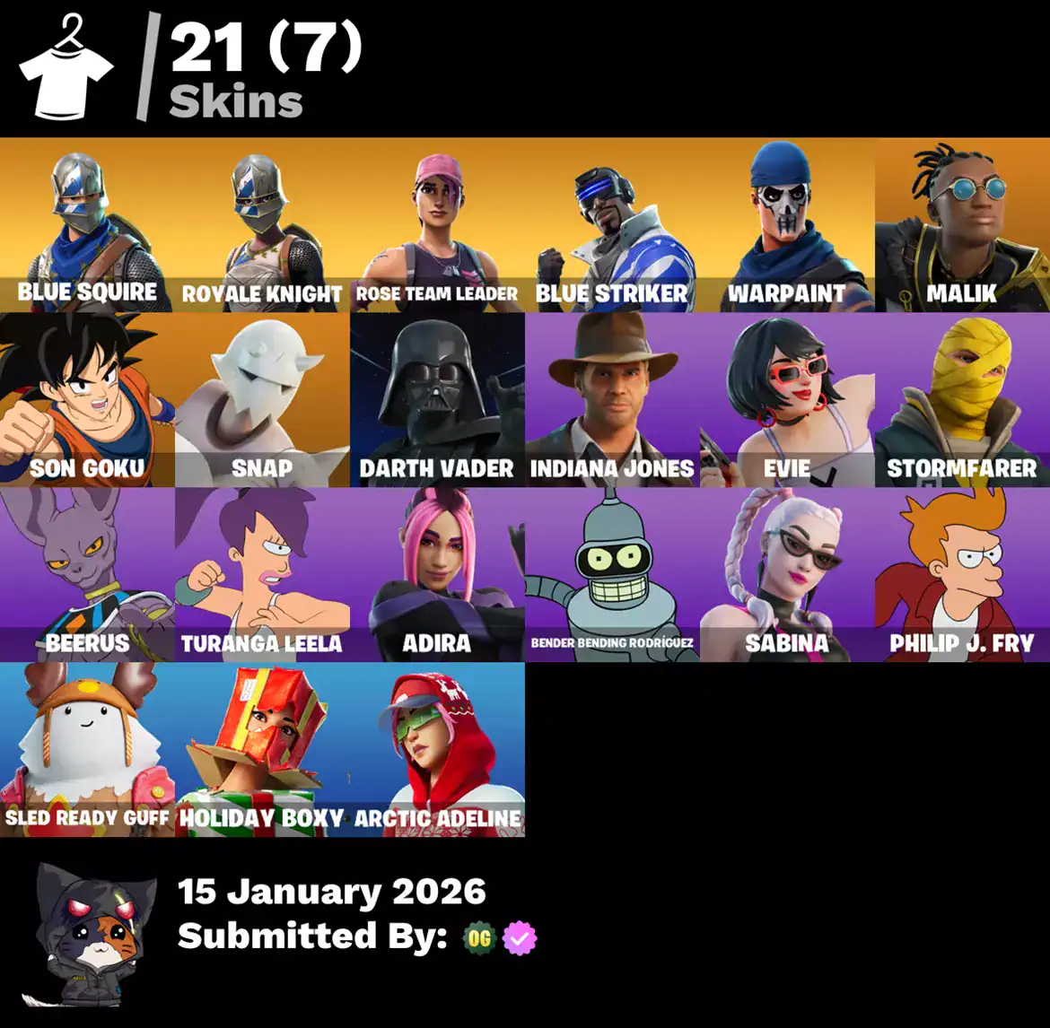 Fortnite account with rare skins including Blue Squire, OG STW, Royale Knight, and others. Perfect f.