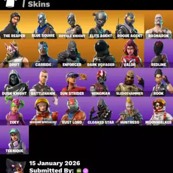 Fortnite account with 25 skins, including popular characters like The Reaper, Drift, Ragnarok, and V.