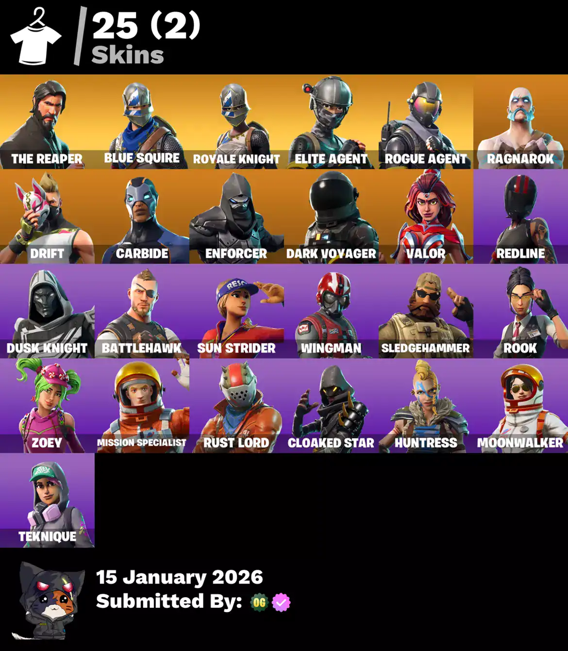 Fortnite account with 25 skins, including popular characters like The Reaper, Drift, Ragnarok, and V.