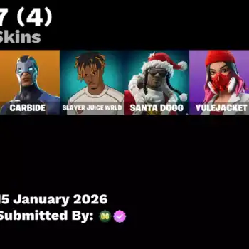 Quality Fortnite skins including Blue Squire, Carbide, Slayer Juice WRLD, Santa Dogg, Yulejacket, Bu.