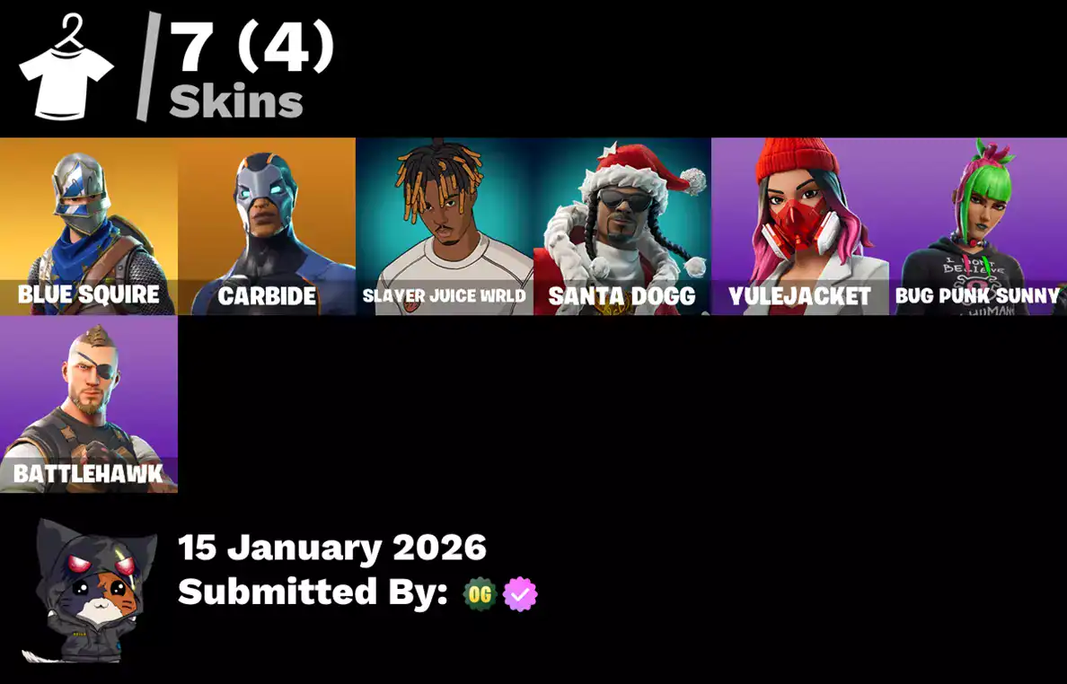 Quality Fortnite skins including Blue Squire, Carbide, Slayer Juice WRLD, Santa Dogg, Yulejacket, Bu.