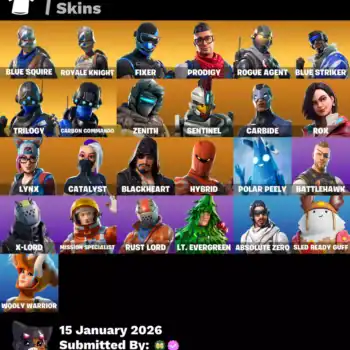 Fortnite skins including Blue Squire, Royale Knight, Fixer, Prodigy, Rogue Agent, Blue Striker, and.