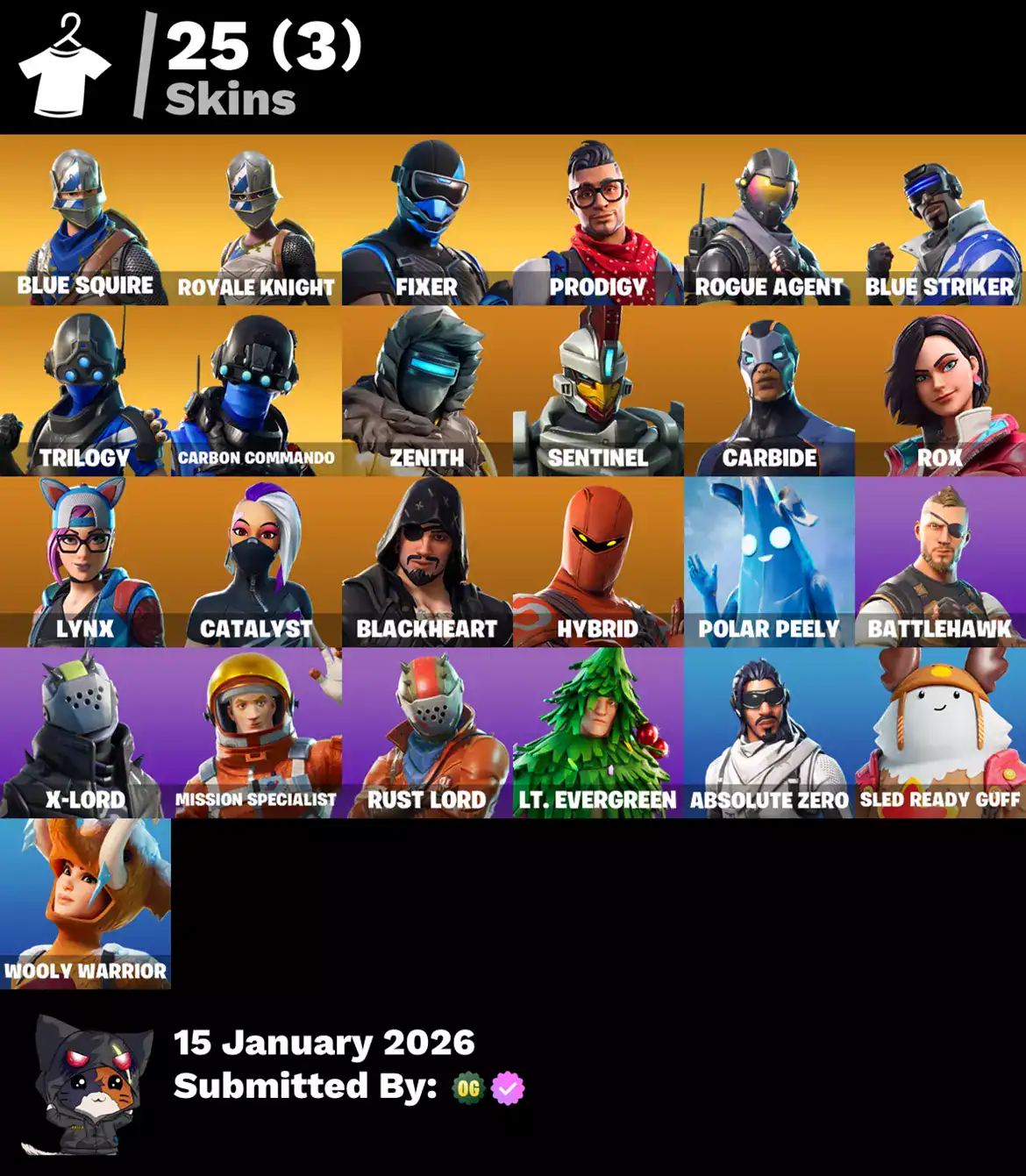 Fortnite skins including Blue Squire, Royale Knight, Fixer, Prodigy, Rogue Agent, Blue Striker, and.