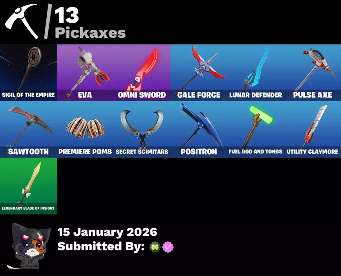 Fortnite account with skins and pickaxes including Blue Squire, Rogue Agent, Carbide, Rex, Dark Voya.