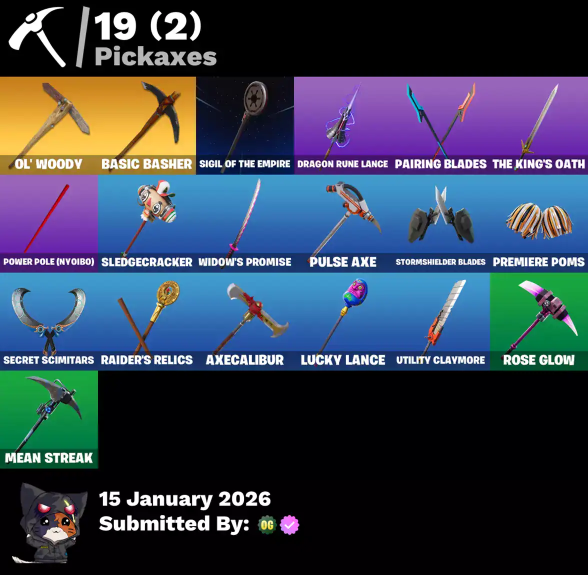 Fortnite account with skins including OG STW, Blue Squire, Royale Knight, and more.