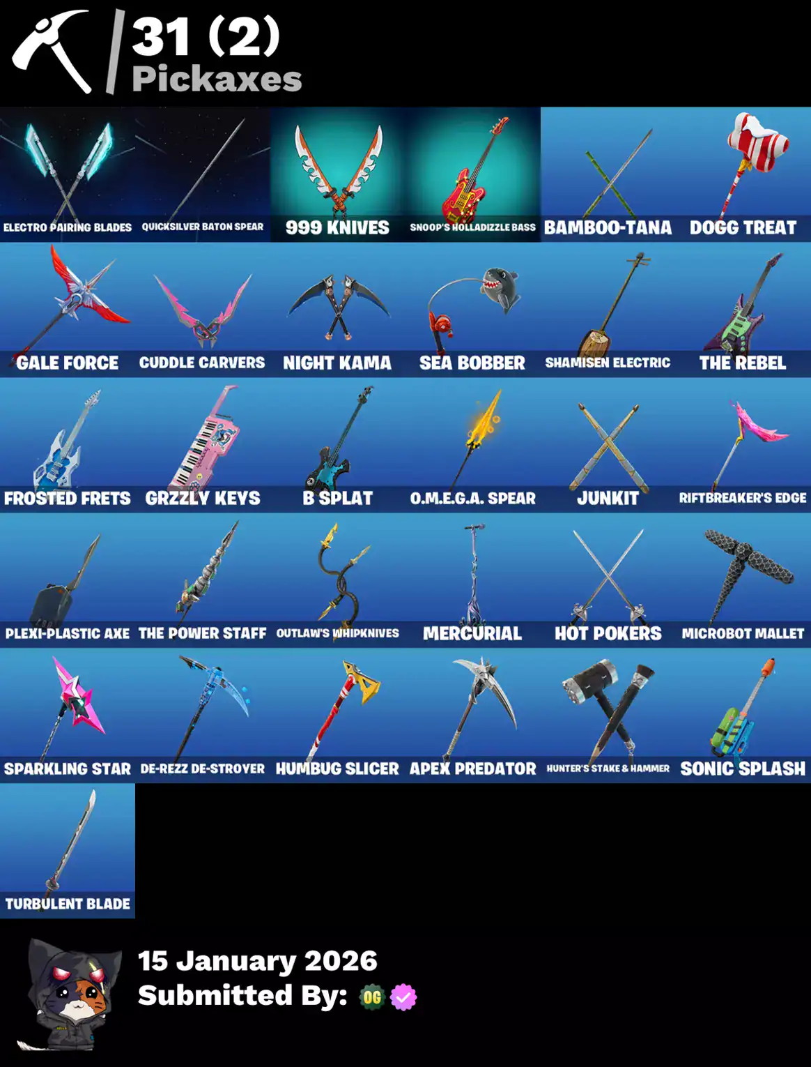 Quality Fortnite account with skins like Blue Squire, Carbide, and Slayer Juice WRLD.