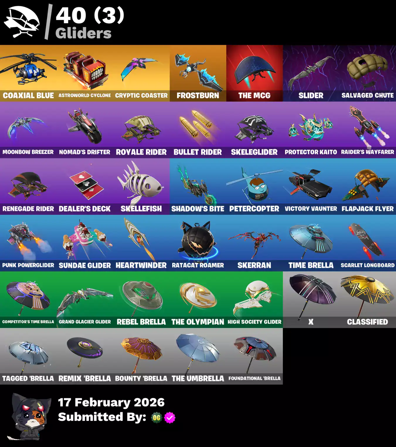 Fortnite skins including Coaxial Blue, Astroword Cyclone, Cryptic Coaster, Frostburn, The MCG, Slide.
