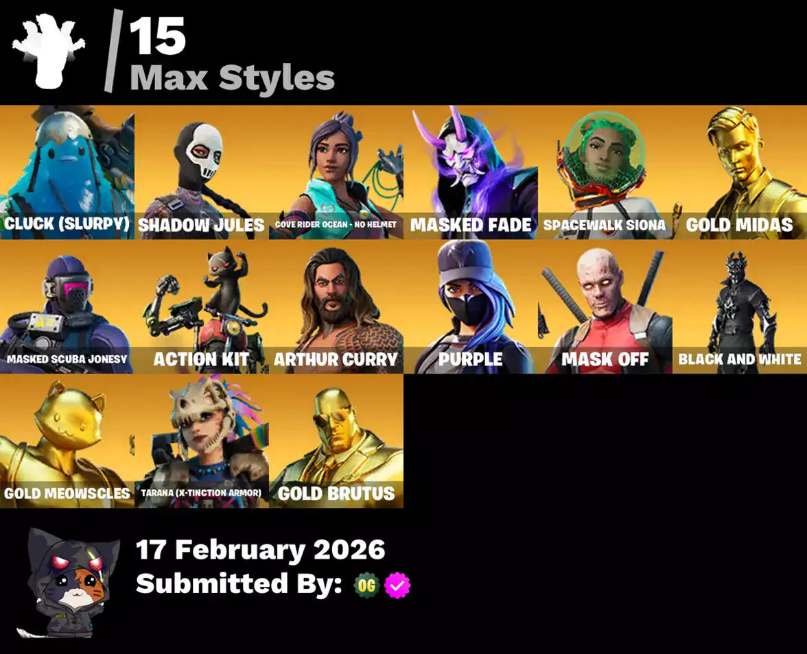 Rogue Spider Knight, Gold Midas, Meowscles, Brutus, Snake Eyes, Fade, Joey, Raz, Alli, Eternal Knigh.