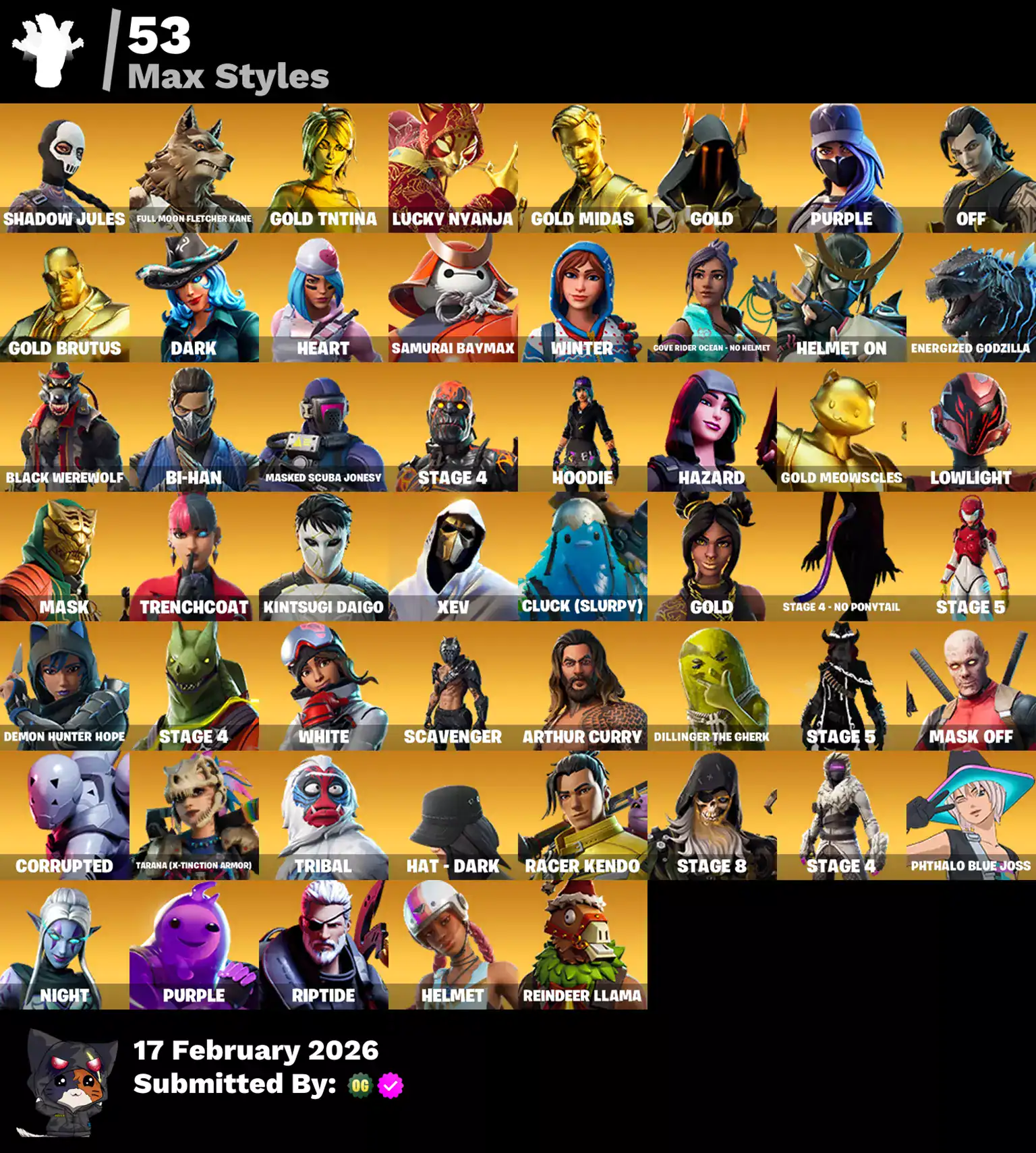 Fortnite skins including OG STW, Neo Versa, Gold TNTina, Midas, Brutus, Meowscles, Naruto Uzumaki, R.