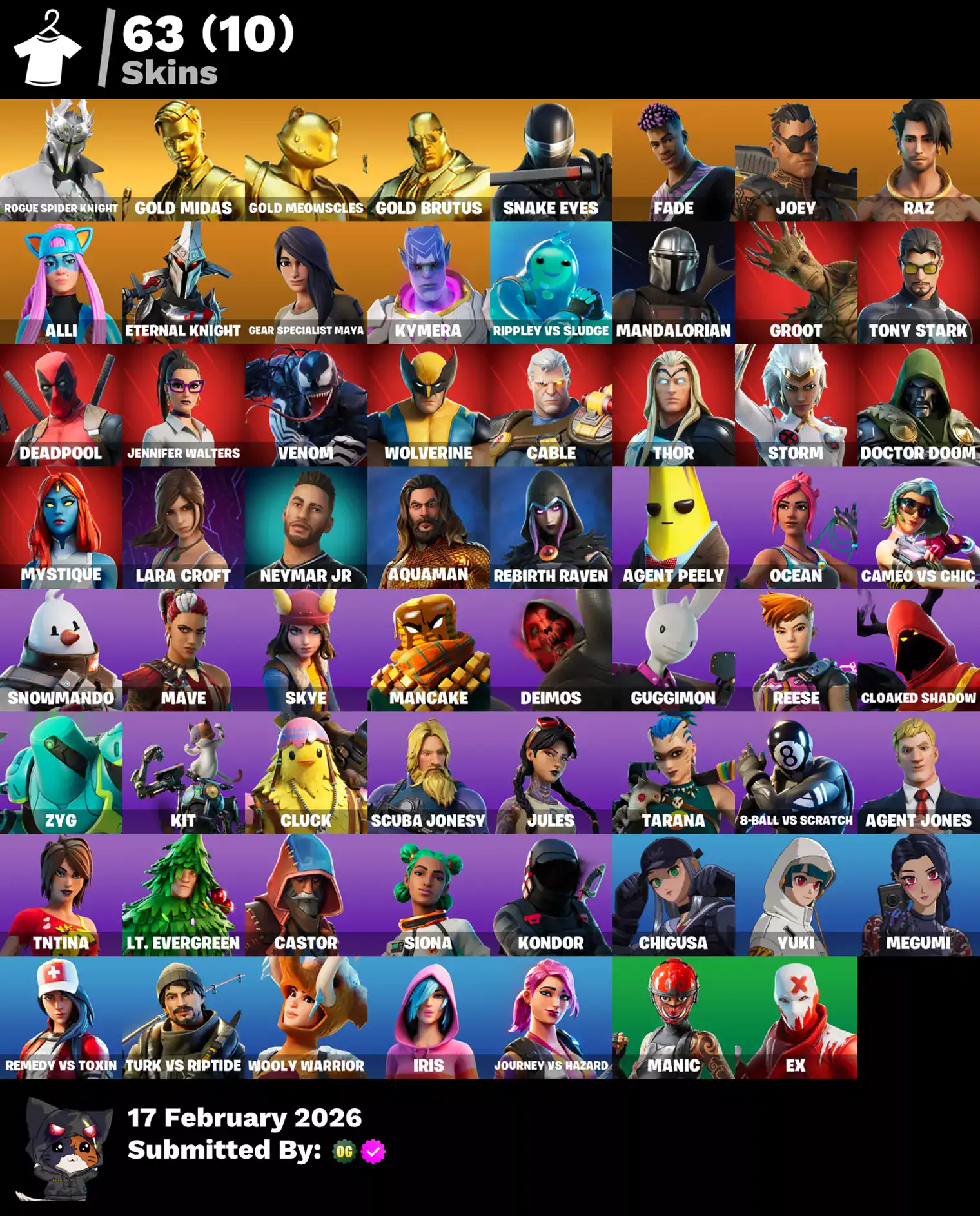Fortnite skins including Rogue Spider Knight, Gold Midas, and Snake Eyes for gaming enthusiasts.