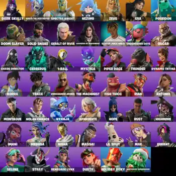 Collection of Fortnite skins including Dark Skully, Renzo, Spectra Knight, Nezumi, Zeus, Poseidon, D.