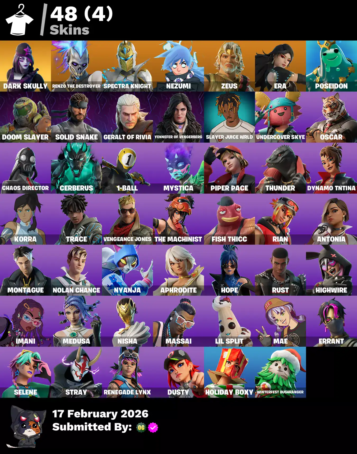 Collection of Fortnite skins including Dark Skully, Renzo, Spectra Knight, Nezumi, Zeus, Poseidon, D.