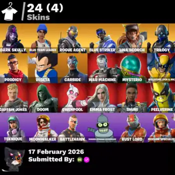 Fortnite skins featuring Dark Skully, Blue Team Leader, Rogue Agent, Blue Striker, Lina Scorch, Tril.