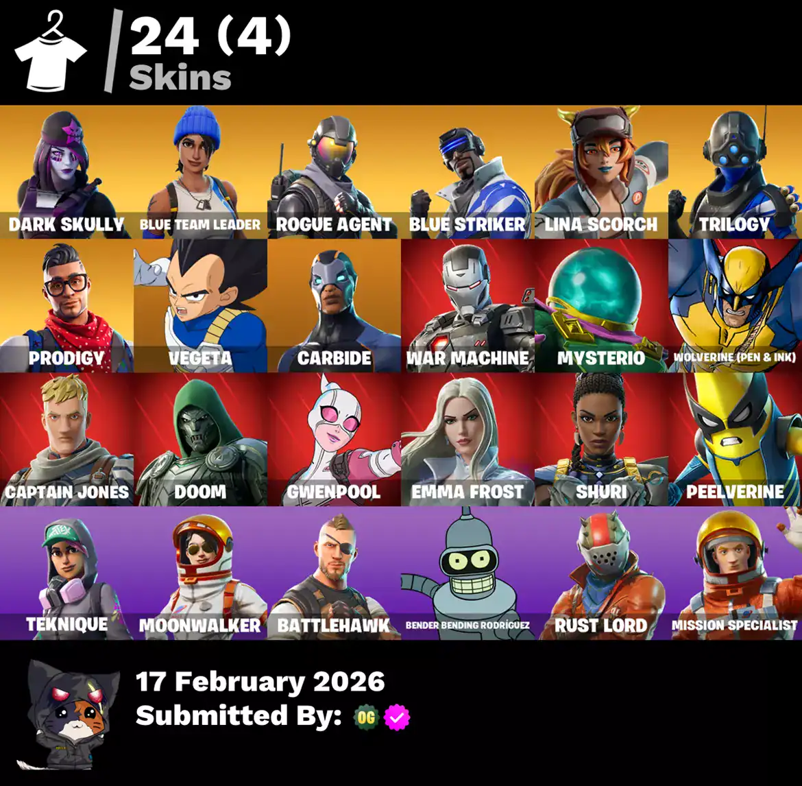 Fortnite skins featuring Dark Skully, Blue Team Leader, Rogue Agent, Blue Striker, Lina Scorch, Tril.