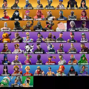 Fortnite skins including Sparkle Specialist, The Reaper, Blue Squire, Royale Knight, Elite Agent, Om.