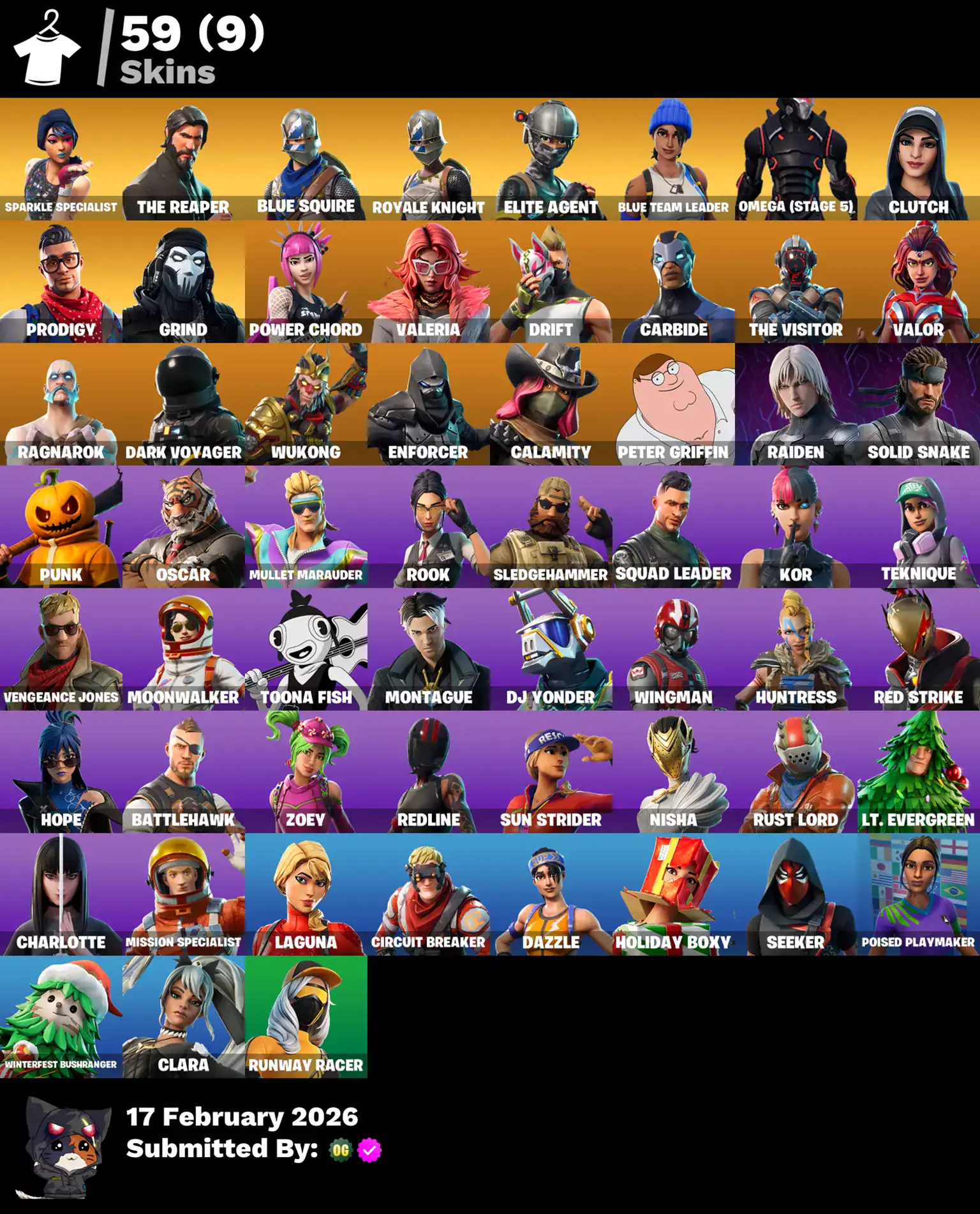 Fortnite skins including Sparkle Specialist, The Reaper, Blue Squire, Royale Knight, Elite Agent, Om.