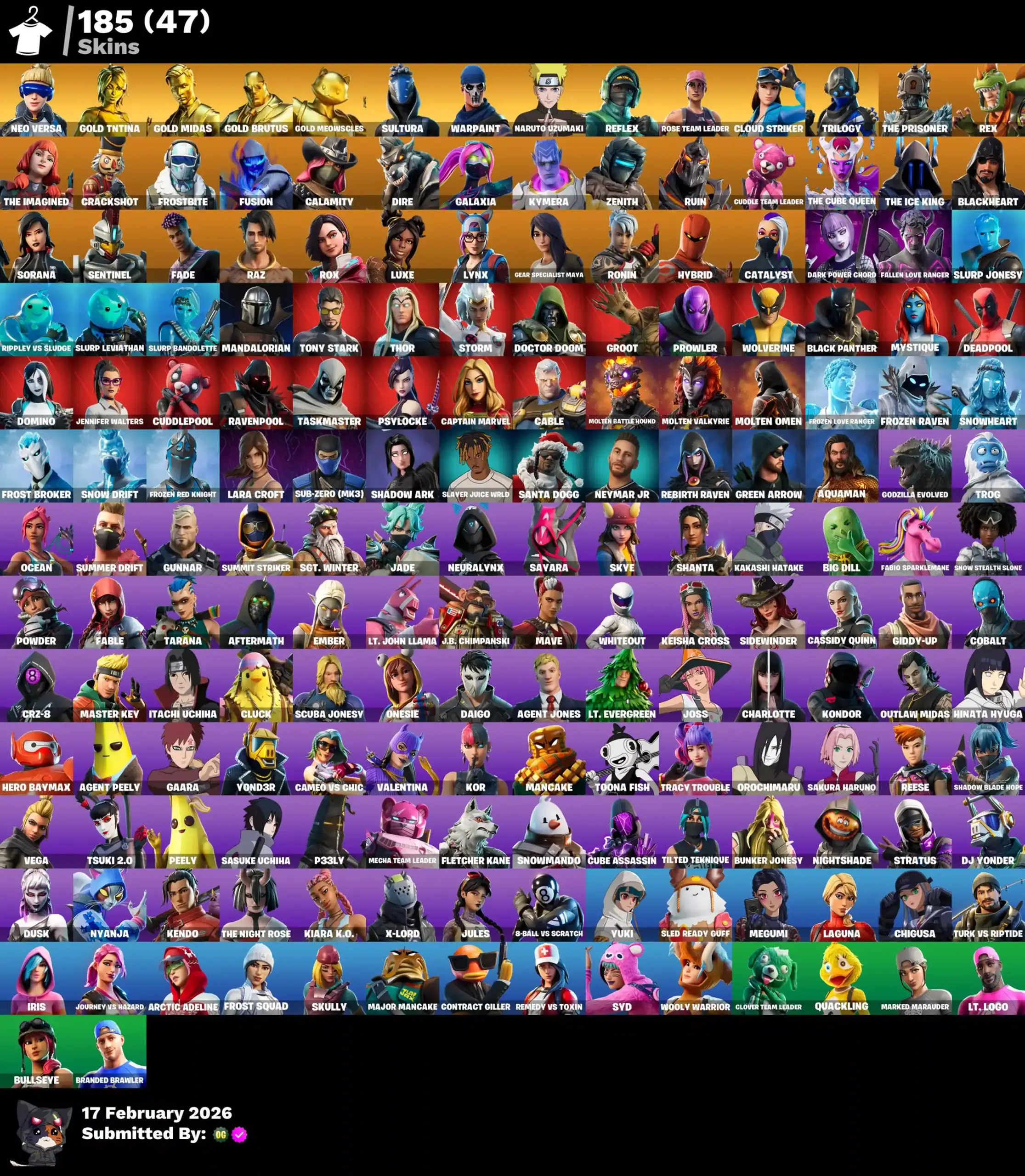 Fortnite skins including Neo Versa, Gold TNTina, Naruto Uzumaki, and others from the HypeAcc collect.
