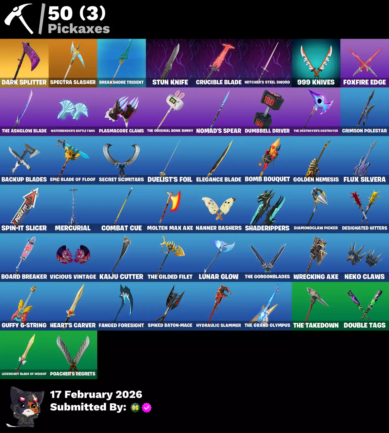 Collection of Fortnite skins including Dark Skully, Renzo the Destroyer, Spectra Knight, and more.
