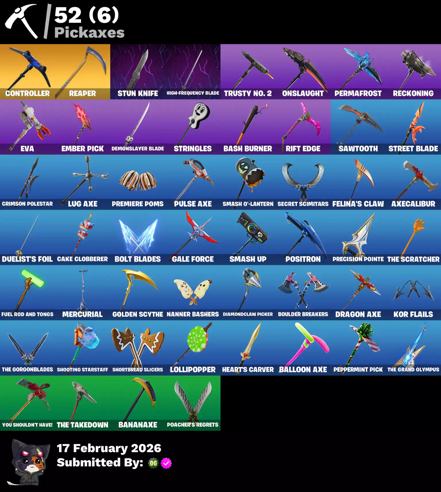 Fortnite skins and pickaxes including Sparkle Specialist, Reaper, Blue Squire, Royale Knight, Elite.
