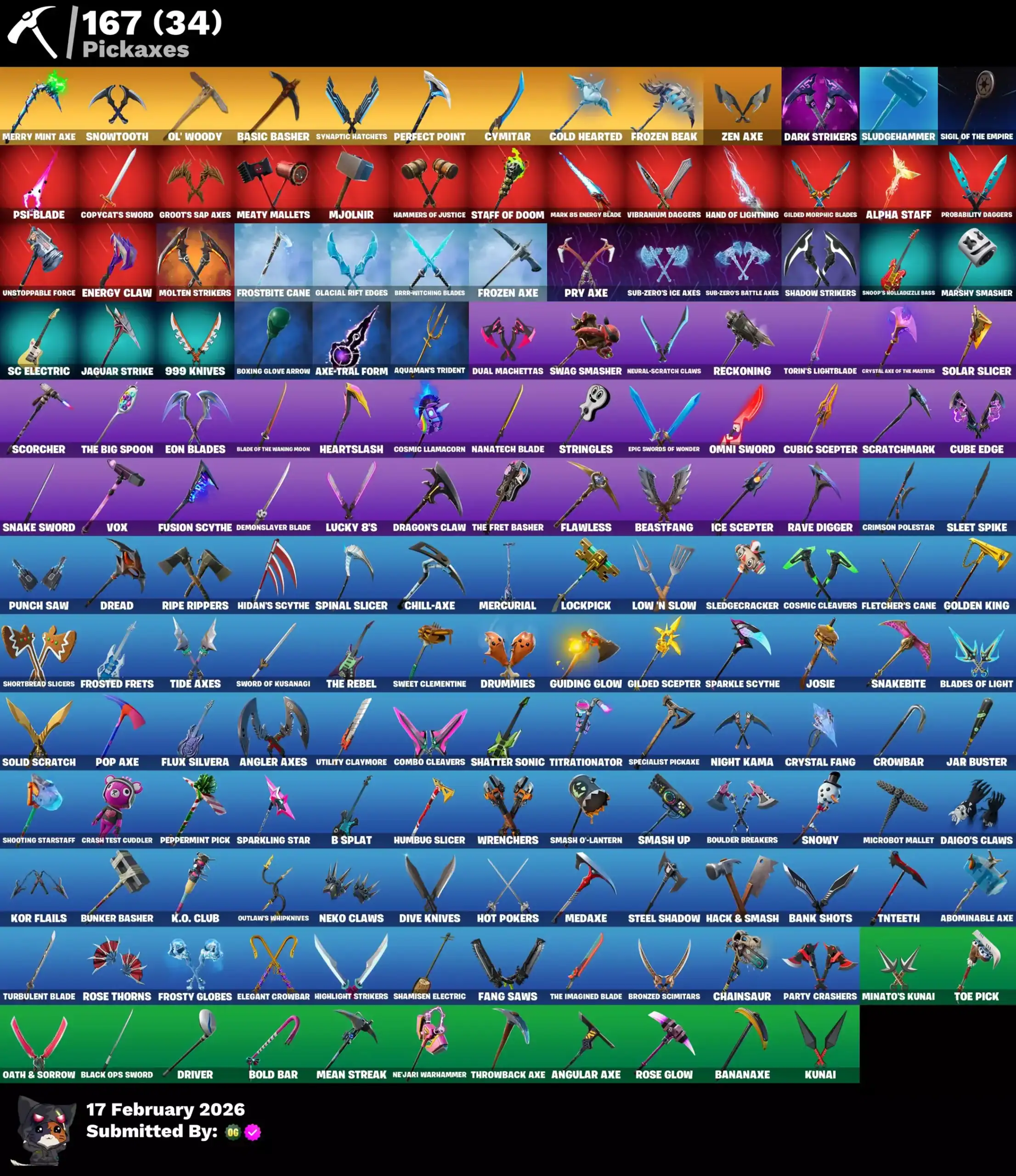 Fortnite skins including OG STW, Neo Versa, Gold TNTina, Midas, Brutus, Meowscles, Naruto Uzumaki, R.