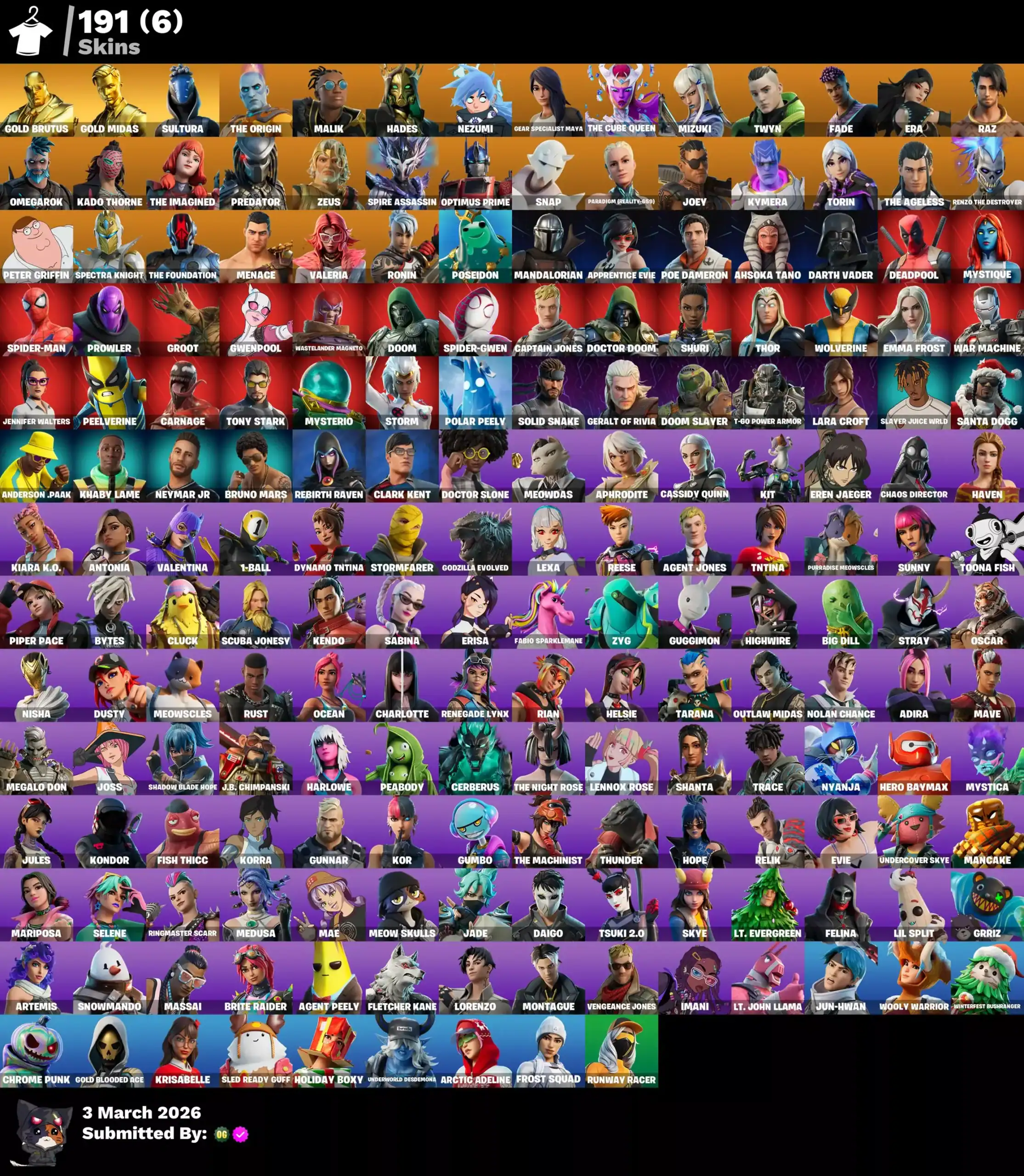 Fortnite account with multiple skins and characters.
