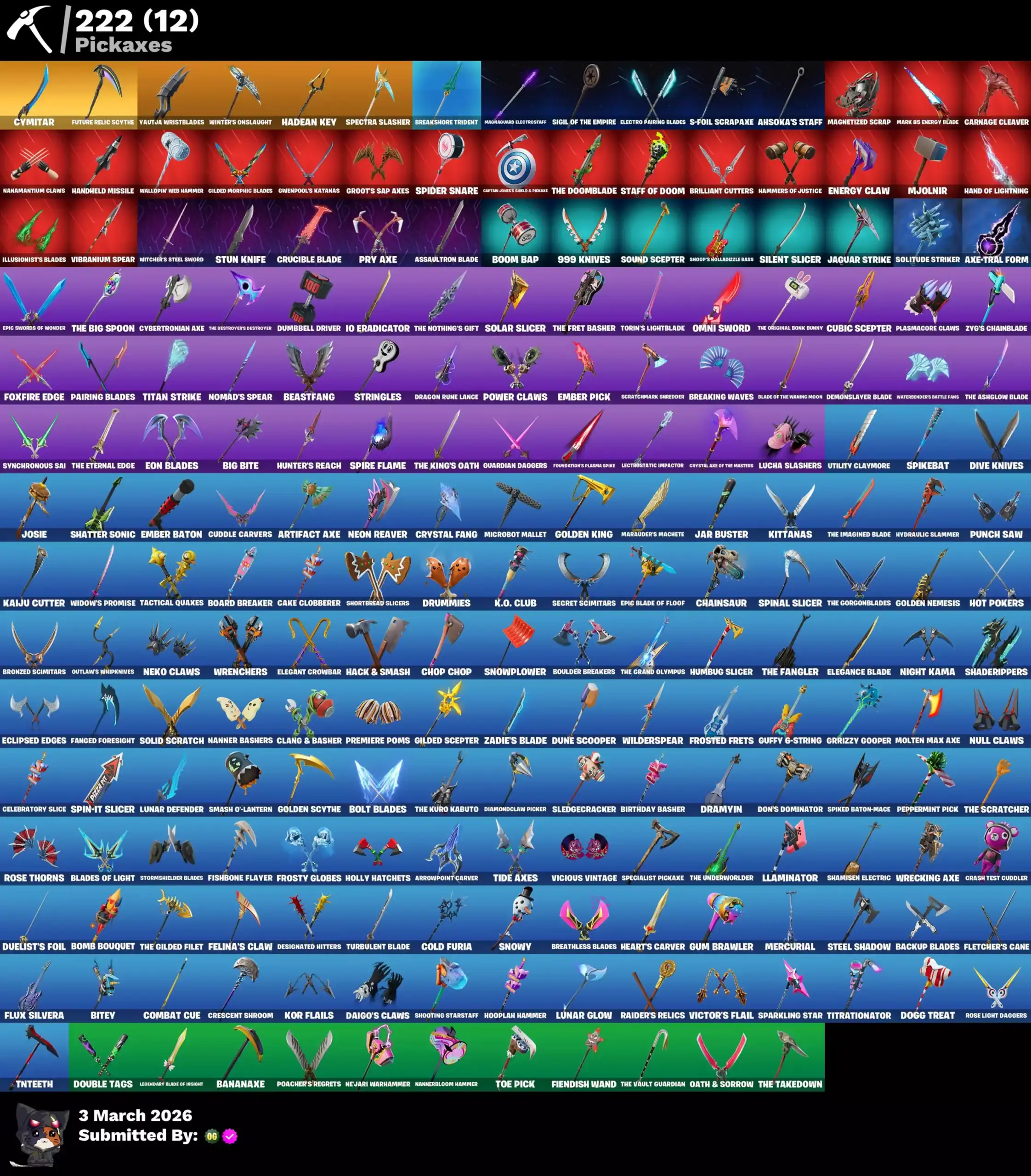 Fortnite account featuring exclusive pickaxes, skins, and emotes for sale.